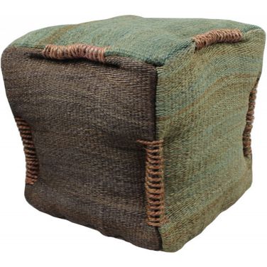 18 Inch Jute Cube Pouf Ottoman In Brown and Green