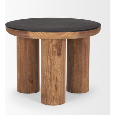 18 Inch Reclaimed Wood Distressed Round End Table In Black and Brown