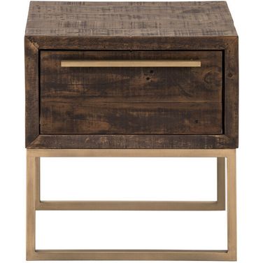 18 Inch Reclaimed Wood End Table with Drawer In Antique Brass and Brown
