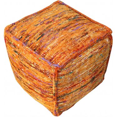 18 Inch Recycled Silk and Cotton Blend Cube Pouf Ottoman In Orange