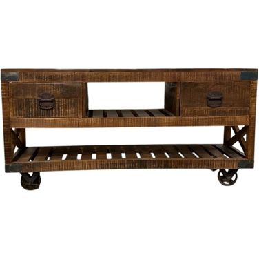 18 Inch Solid Wood Distressed Wheel Console Table with Shelves and Drawers In Black and Brown