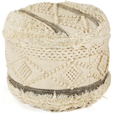 18 Inch Wool Cotton Blend Round Geometric Pouf Ottoman In Cream