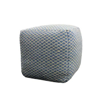 18 Inch Wool Cube Trellis Pouf Ottoman In Blue and Beige