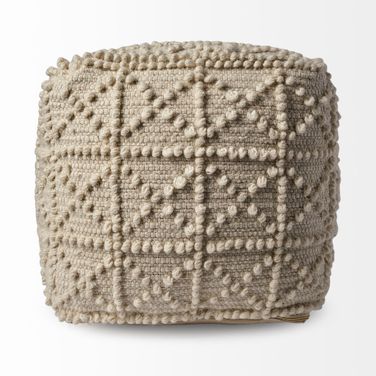 18 Inch Wool Knubby Geometric Cube Pouf Ottoman In Ivory