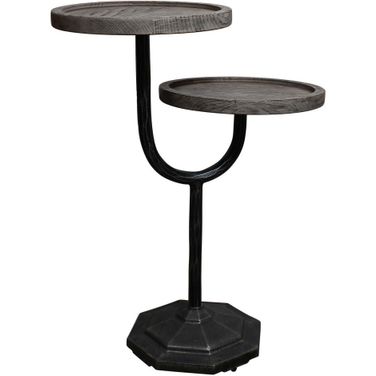 19 Inch Solid Wood and Iron Round Double Tray Top End Table In Black and Natural