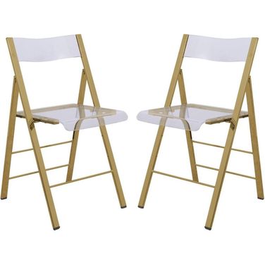 2 LeisureMod Menno Clear Acrylic Gold Base Folding Chairs
