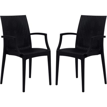 2 LeisureMod Weave Black Mace Indoor Outdoor Arm Chairs