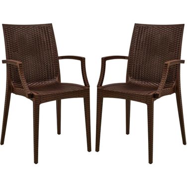 2 LeisureMod Weave Brown Mace Indoor Outdoor Arm Chairs
