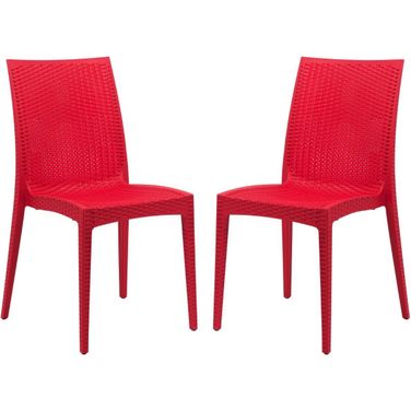 2 LeisureMod Weave Red Mace Indoor Outdoor Armless Dining Chairs