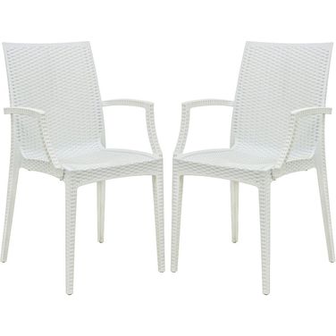 2 LeisureMod Weave White Mace Indoor Outdoor Arm Chairs