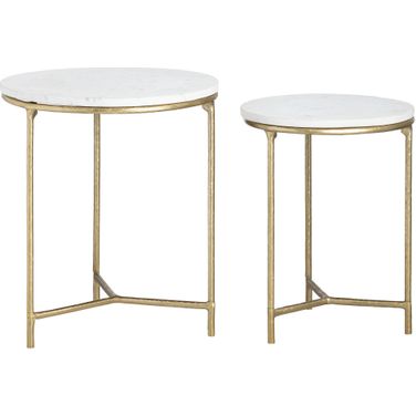 2 Piece Marble and Metal Nesting Table Set In White and Gold