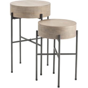 2 Piece Round Metal and Wood Accent Tables In Brown and Black