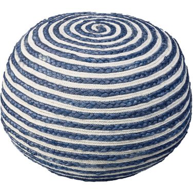 20 Inch Cotton Blend Round Striped Pouf Ottoman In Blue