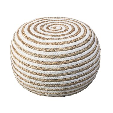 20 Inch Cotton Blend Round Striped Pouf Ottoman In White