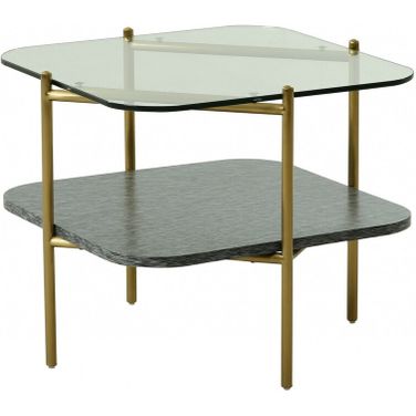 20 Inch Glass and Metal Square End Table with Shelf In Clear and Gold