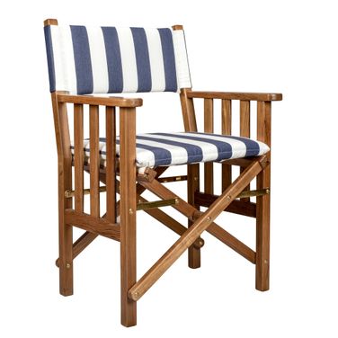 20 Inch Wood Solid Wood Indoor Outdoor Director Chair with Blue and White Cushion In Blue and White