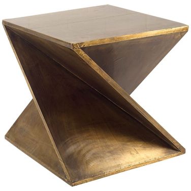 21 Inch Clad Distressed Wood Abstract End Table In Brass