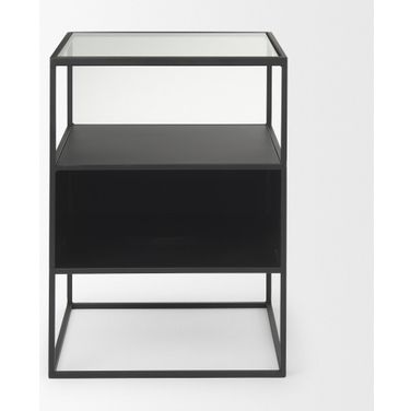 21 Inch Glass and Metal Square Frame End Table with Two Shelves In Clear and Black