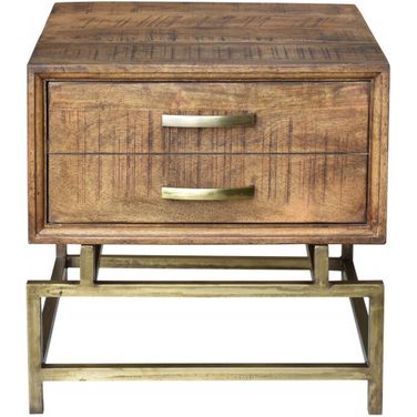 21 Inch Solid Wood and Iron Square End Table with Drawer In Brown and Brass