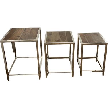 21 Inch Solid Wood Nested Tables Set of 3 In Silver and Brown