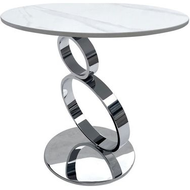 21 Inch Stone and Stainless Steel Round Pedestal End Table In White and Silver