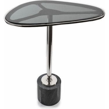 22 Inch Aluminum Glass and Marble Pedestal End Table In Smoky Black and Silver