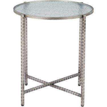 22 Inch Glass and Distressed Steel Round End Table In Clear and Silver