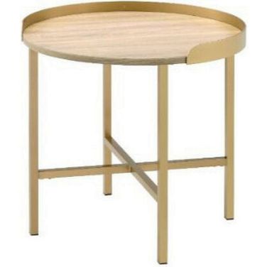22 Inch Manufactured Wood and Metal Round End Table In Gold and Oak