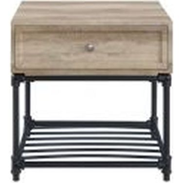 22 Inch Manufactured Wood and Metal Square End Table with Drawer and Shelf In Sandy Black and Oak