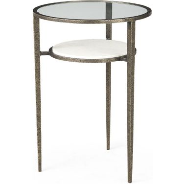 23 Inch Glass and Metal Round End Table with Shelf In Clear and Bronze