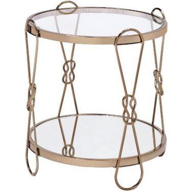 23 Inch Mirrored and Metal Round End Table with Shelf In Gold