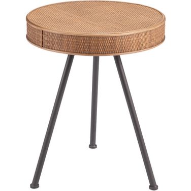23 Inch Rattan and Steel Round End Table In Natural and Gray
