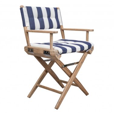 23 Inch Wood Solid Wood Indoor Outdoor Director Chair with Blue and White Cushion In Blue and White