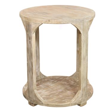 24 Inch Distressed Solid Wood Round Frame End Table with Shelf In Natural