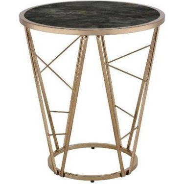 24 Inch Faux Marble Glass and Metal Round End Table In Champagne and Black