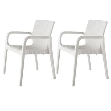 24 Inch Faux Rattan Heavy Duty Plastic Outdoor Stacking Arm Chairs Set of 4 In White