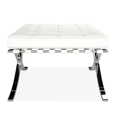 24 Inch Genuine Leather Tufted Footstool Ottoman In White and Silver