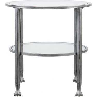 24 Inch Glass and Distressed Iron Round End Table with Shelf In Silver and Clear