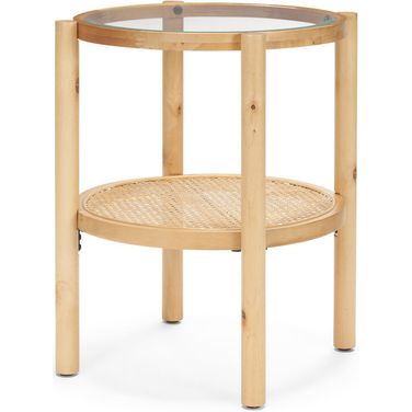 24 Inch Glass and Solid Wood Round End Table with Shelf In Clear and Light Brown