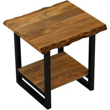24 Inch Solid Wood and Iron Square Frame End Table with Shelf In Black and Brown