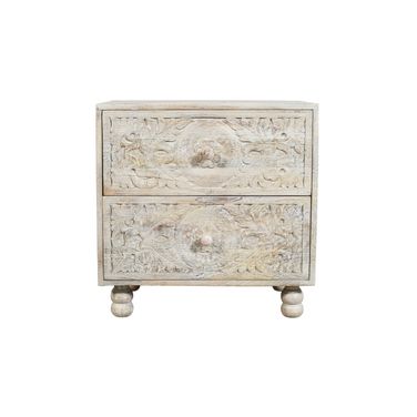 24 Inch Solid Wood Distressed Carved Scrollwork Two Drawer Nightstand In Natural and White
