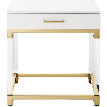 24 Inch Wood Acrylic and Stainless Steel Square End Table with Drawer In White and Gold