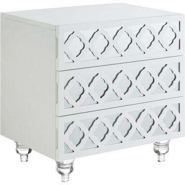 24 Inch Wood Mirrored End Table with Three Drawers In White and Clear