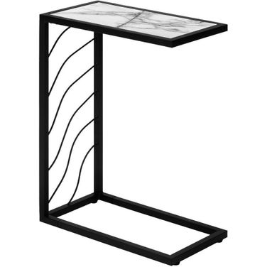 25 Inch Accent Table In White Marble-Look And Black Metal