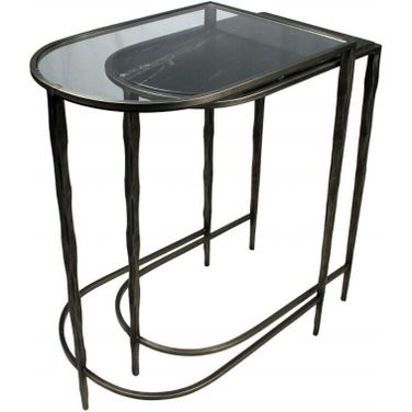 25 Inch Glass and Genuine Marble Half Circle Three Leg Console Table Set of 2 In Clear and Black