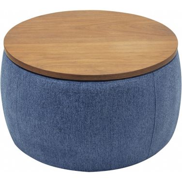 26 Inch Fabric and Wood Reversible Tray Top Round Storage Ottoman In Brown and Blue