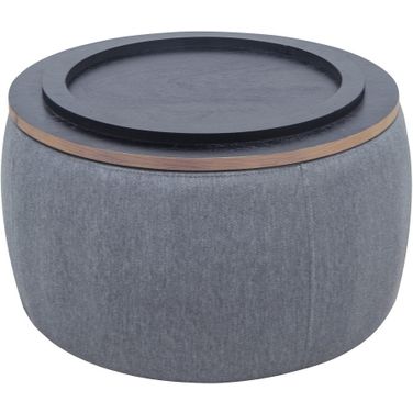 26 Inch Fabric and Wood Reversible Tray Top Round Storage Ottoman In Dark Gray and Natural