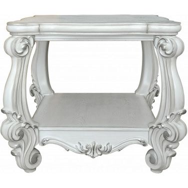 26 Inch Manufactured Wood Square Scroll End Table with Shelf In Antiqued White