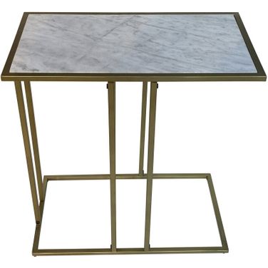 26 Inch Marble and Iron Frame End Table In Antique Gold and White
