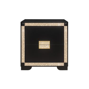 26 Inch Two Drawer Faux Crystal Bling Wood Nightstand In Black and Gold